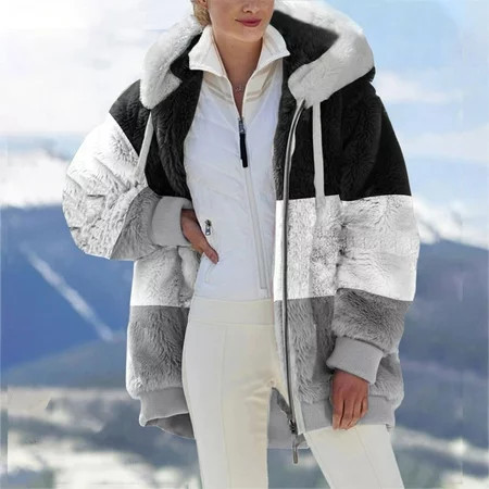 Meichang Fuzzy Fleece Jackets for Women Hoodies Trendy Cardigan Zipper Outerwear Color Block Patchwork Coats Windproof Coats Winter Coats Hooded Thermal Jackets | Walmart (US)