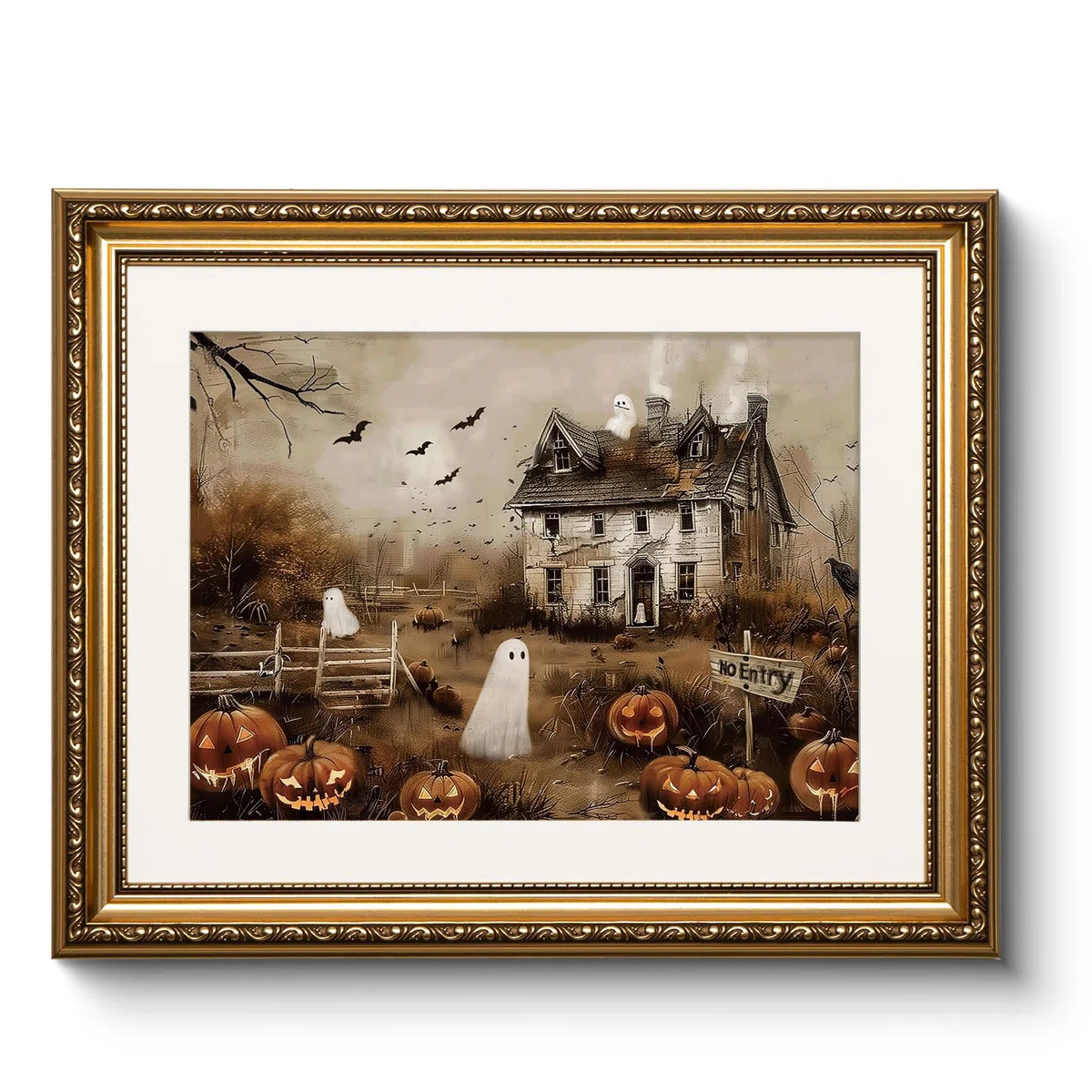 Vintage Gold Framed Spooky Halloween Wall Art, 13x16 Haunted House Jack-o’-Lanterns Bats Canvas... | Wayfair North America