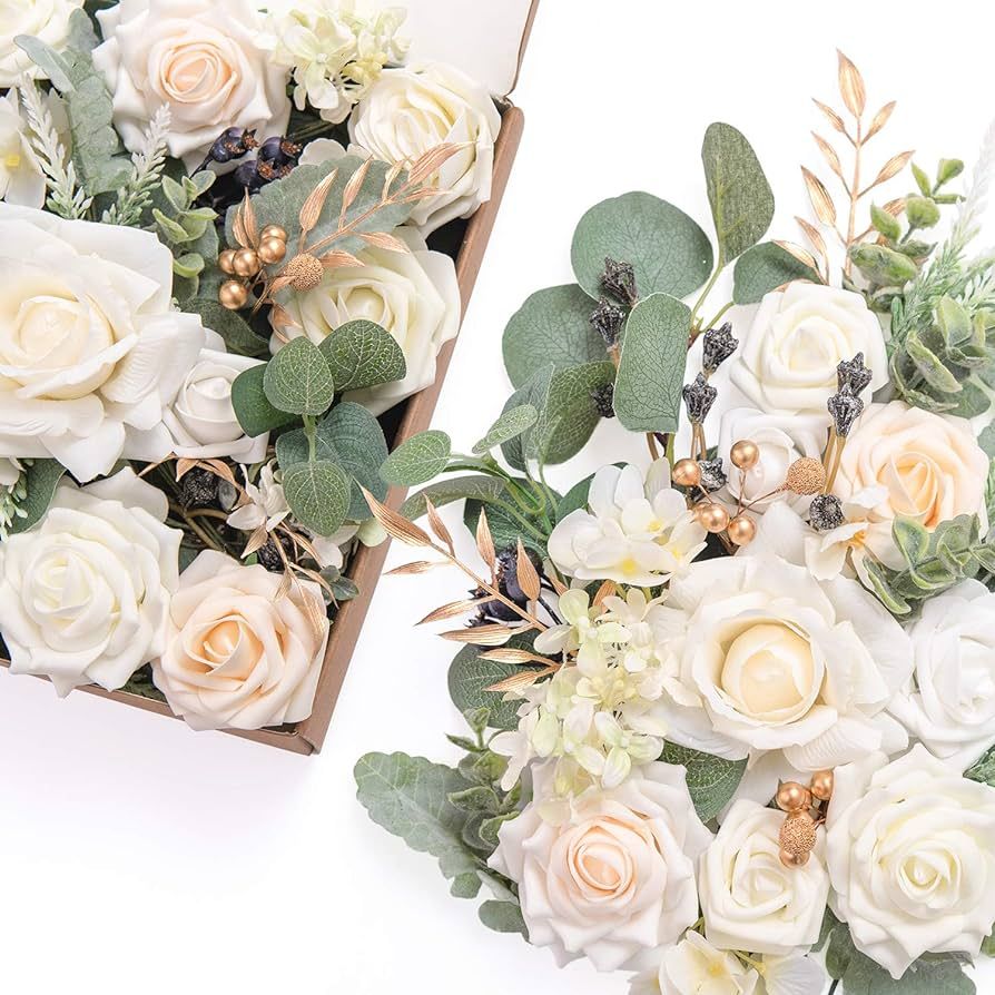 Ling's Moment White Flowers Artificial, Ivory & Cream Fake Flowers Eucalyptus Greenery Combo Box ... | Amazon (US)