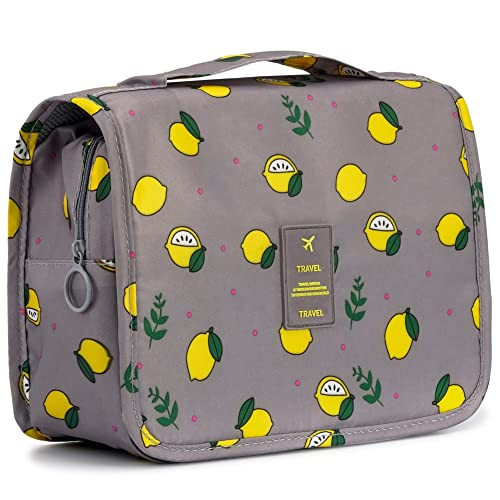 L&FY Hanging Travel Toiletry Bag Women's Cosmetic Organizer Makeup Pouch Men's Dopp Kits With Handle(Grey Lemon) | Amazon (US)