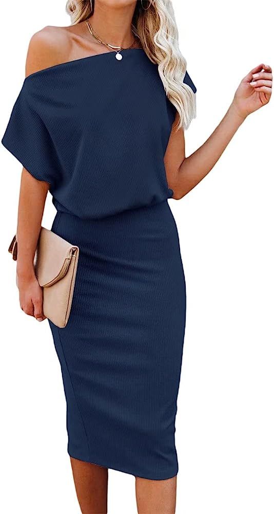 REVETRO Women's One Off Shoulder Short Sleeve Casual Summer Bodycon Party Pencil Midi Sheath Dress | Amazon (US)