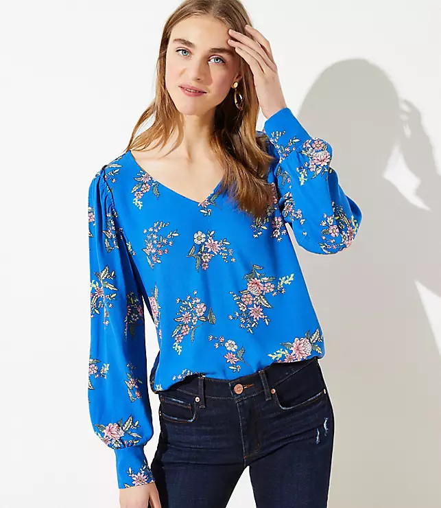 Floral V-Neck Puff Sleeve Blouse | LOFT | LOFT