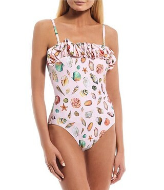 x Jennifer Sumko Shells Print Puffed Square Neckline One Piece Swimsuit | Dillard's