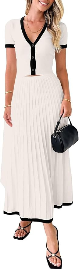 Imily Bela Womens 2 Piece Sweater Outfits Sets Short Sleeve V Neck Crop Top Knit Midi Long Pleate... | Amazon (US)