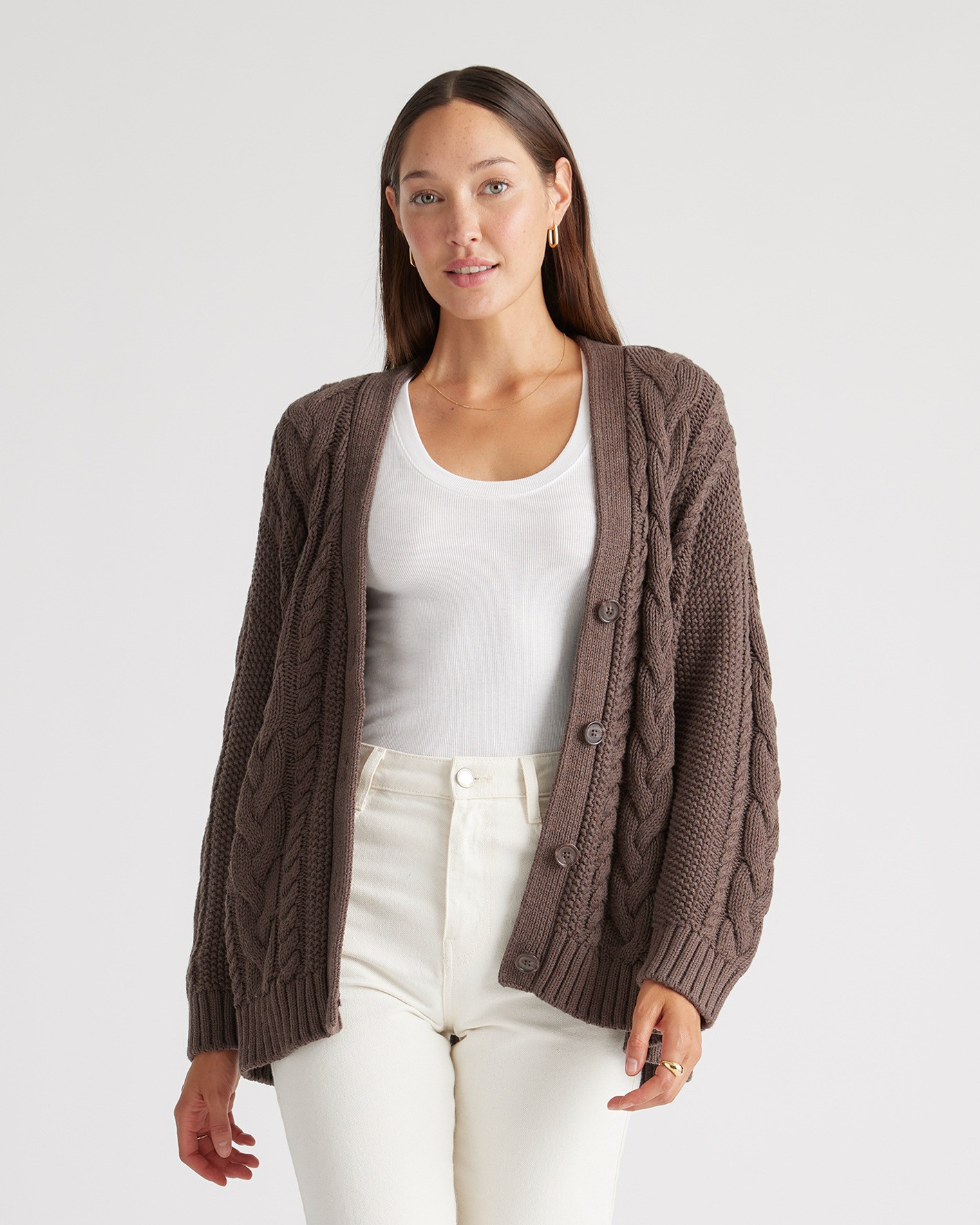 Quince | Women's OverSized Cable Cardigan Sweater in Heather Brown, Size Small, Organic Cotton | Quince