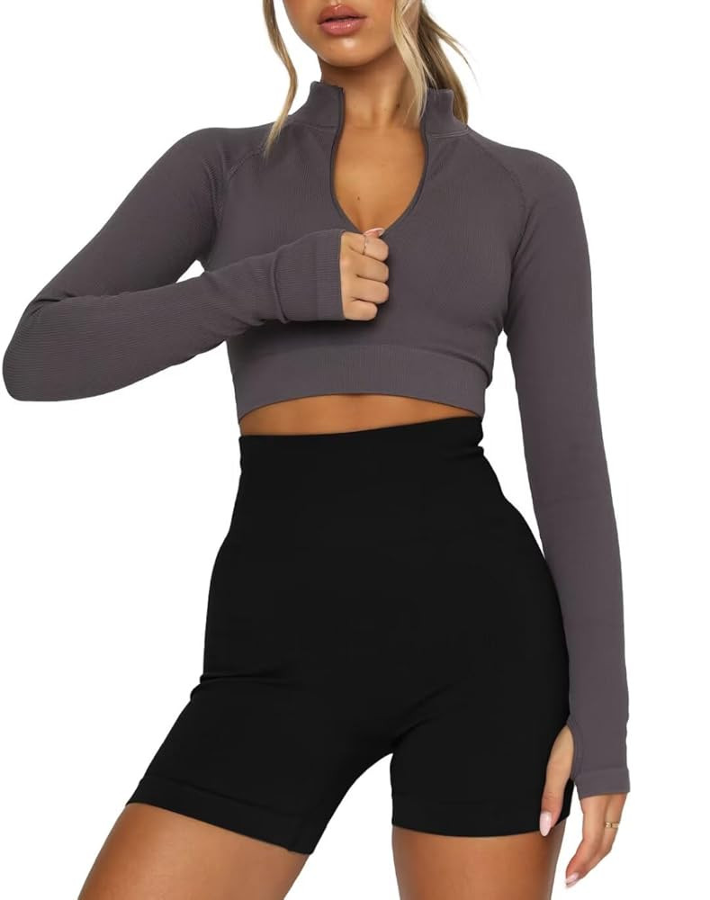 LEEDYA Women's Long Sleeve Workout Shirts Half Zip Pullover Sweatshirt Cropped Ribbed Yoga Runnin... | Amazon (US)