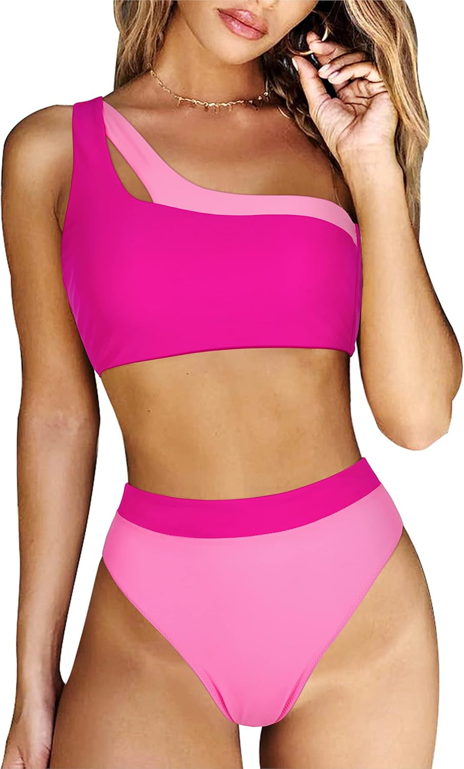 RXRXCOCO Women One Shoulder High Waisted Bikini Set Color Block High Cut 2 Piece Swimsuit Bathing... | Amazon (US)