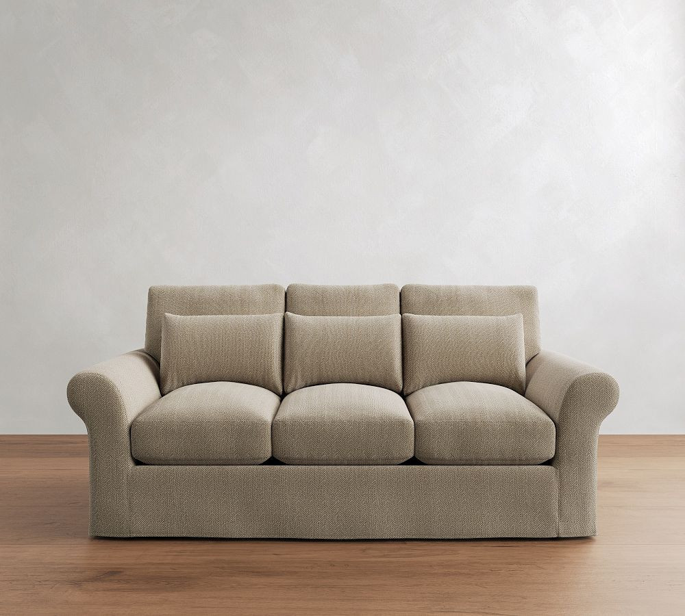 PB Comfort Modern Roll Arm Slipcovered Deep Seat Sofa 82" 3x3, Down Blend Wrapped Cushions, Sunbrella(R) Performance Herringbone Light Gray | Pottery Barn (US)