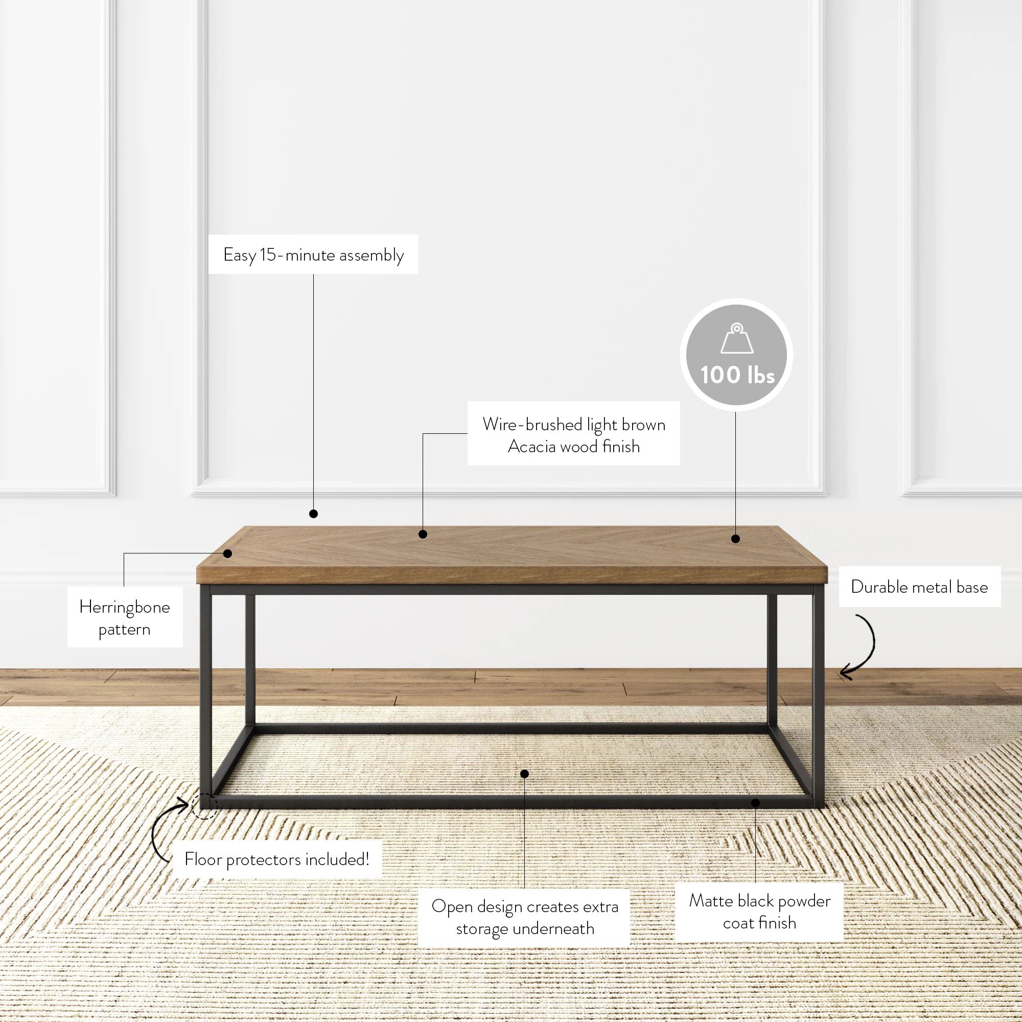 Doxa Modern Industrial Coffee Table Herringbone Wood| Nathan James | Nathan James
