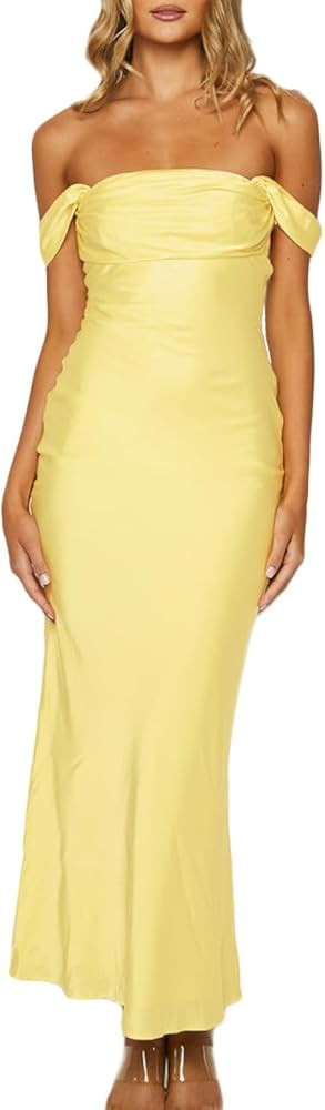 Elegant Satin Off The Shoulder Ruched Backless Maxi Dress for Women Strapless Tube Sleeveless Fit... | Amazon (US)