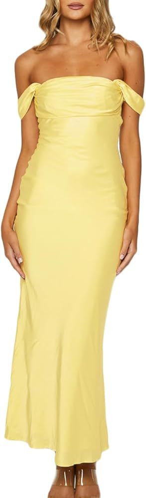 Elegant Satin Off The Shoulder Ruched Backless Maxi Dress for Women Strapless Tube Sleeveless Fit... | Amazon (US)
