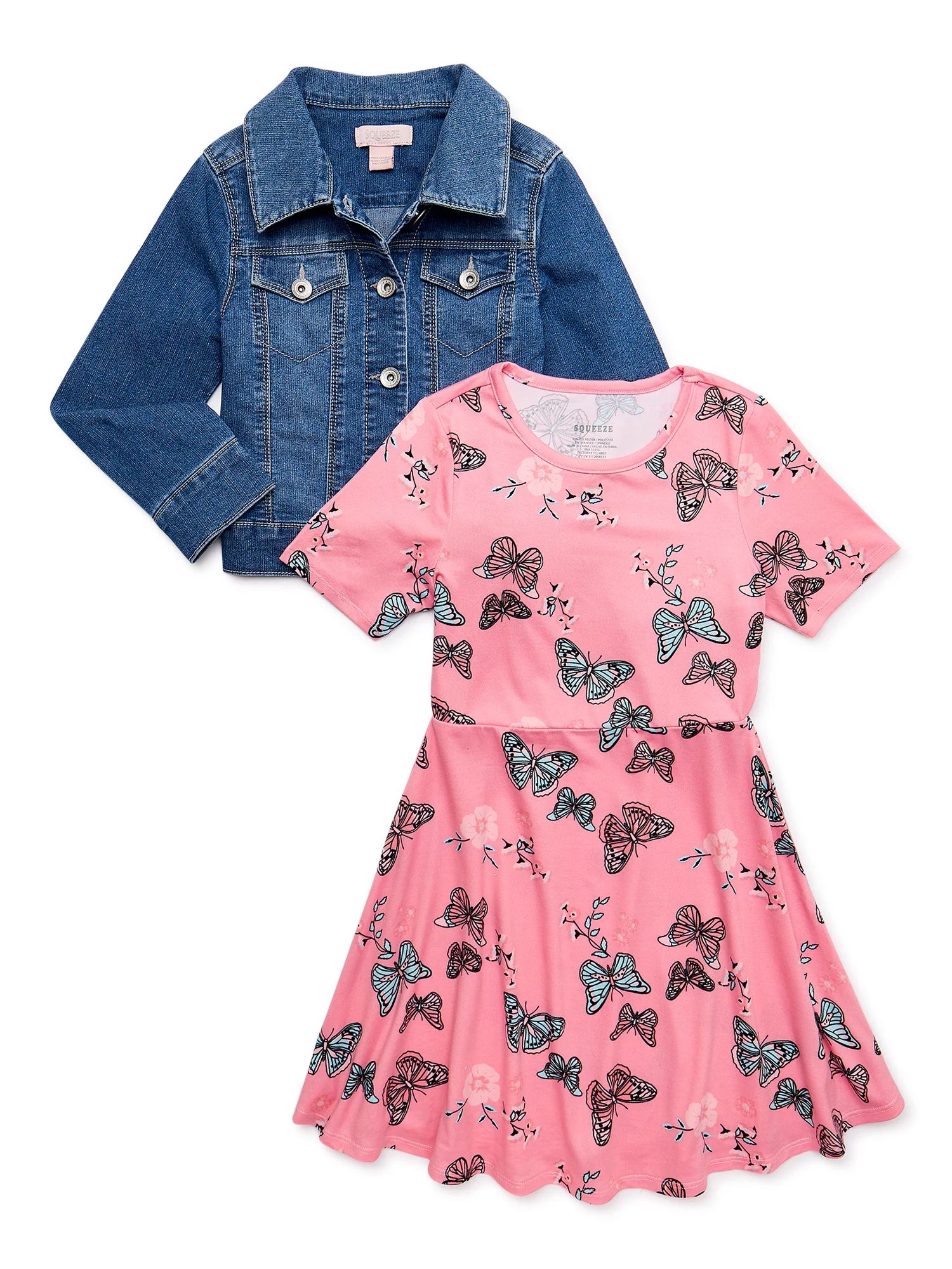 Squeeze Girls Printed Dress with Denim Jacket, Sizes 4-12 | Walmart (US)