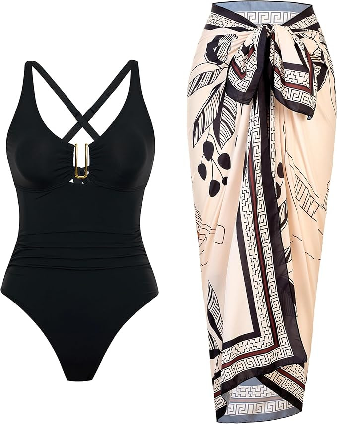 One Piece Swimsuit Women with Cover Up Set Retro Bathing Suit for Women Tummy Control Beach Wrap ... | Amazon (US)