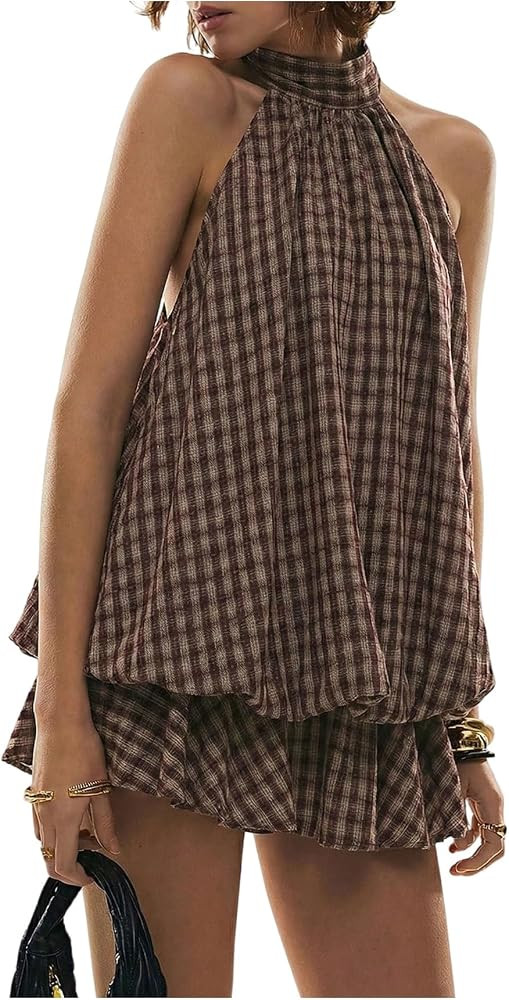 SOLY HUX Women's Plaid Halter Mini Dress Ruffle Bubble Hem Going Out Dress | Amazon (US)