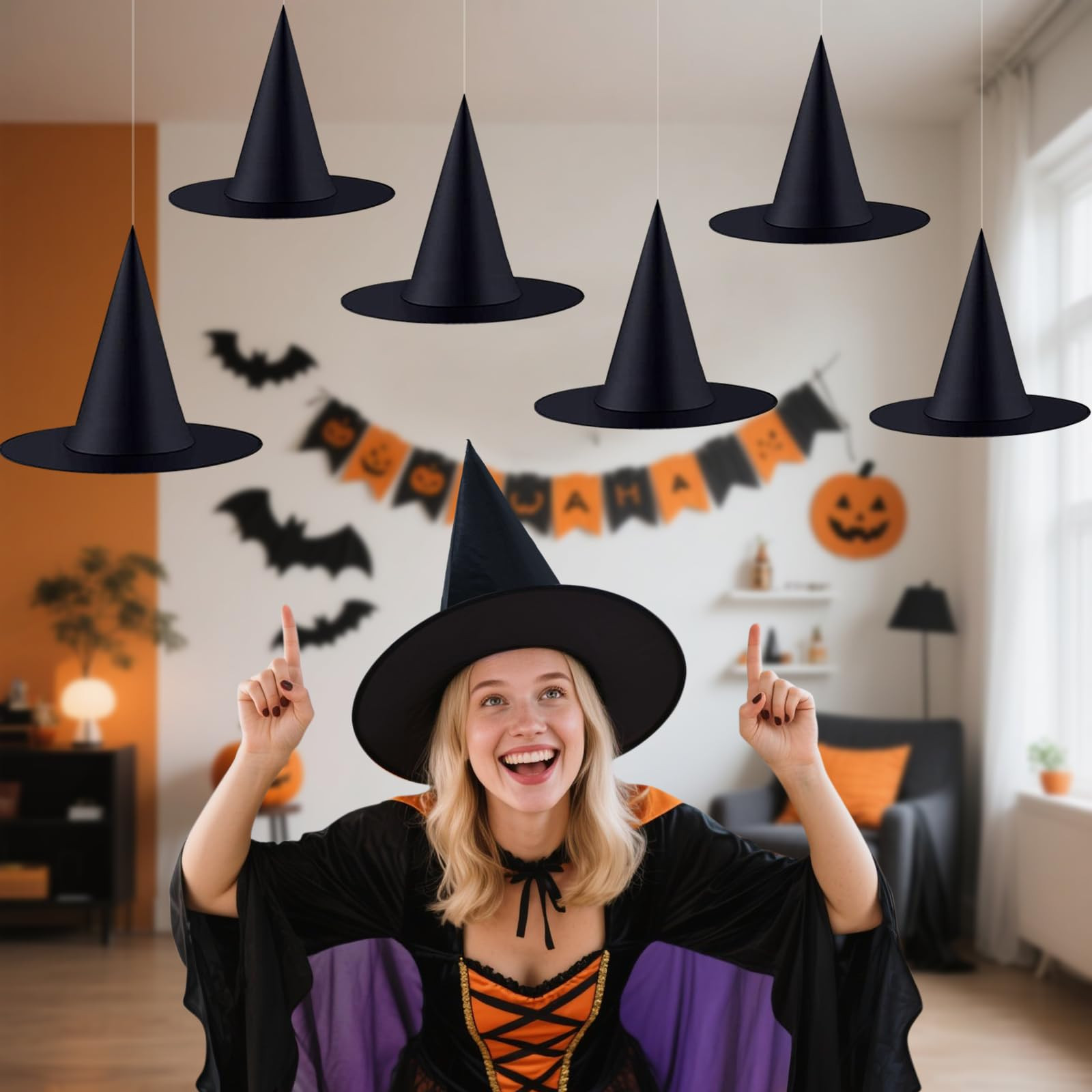 Halatool 6 Pcs Halloween Witch Hats, Black Hanging Witches Hat with 98 Feet Hanging Rope, Witch Costume Accessories Floating Hats for Halloween Party Indoor Outdoor Decoration | Amazon (US)