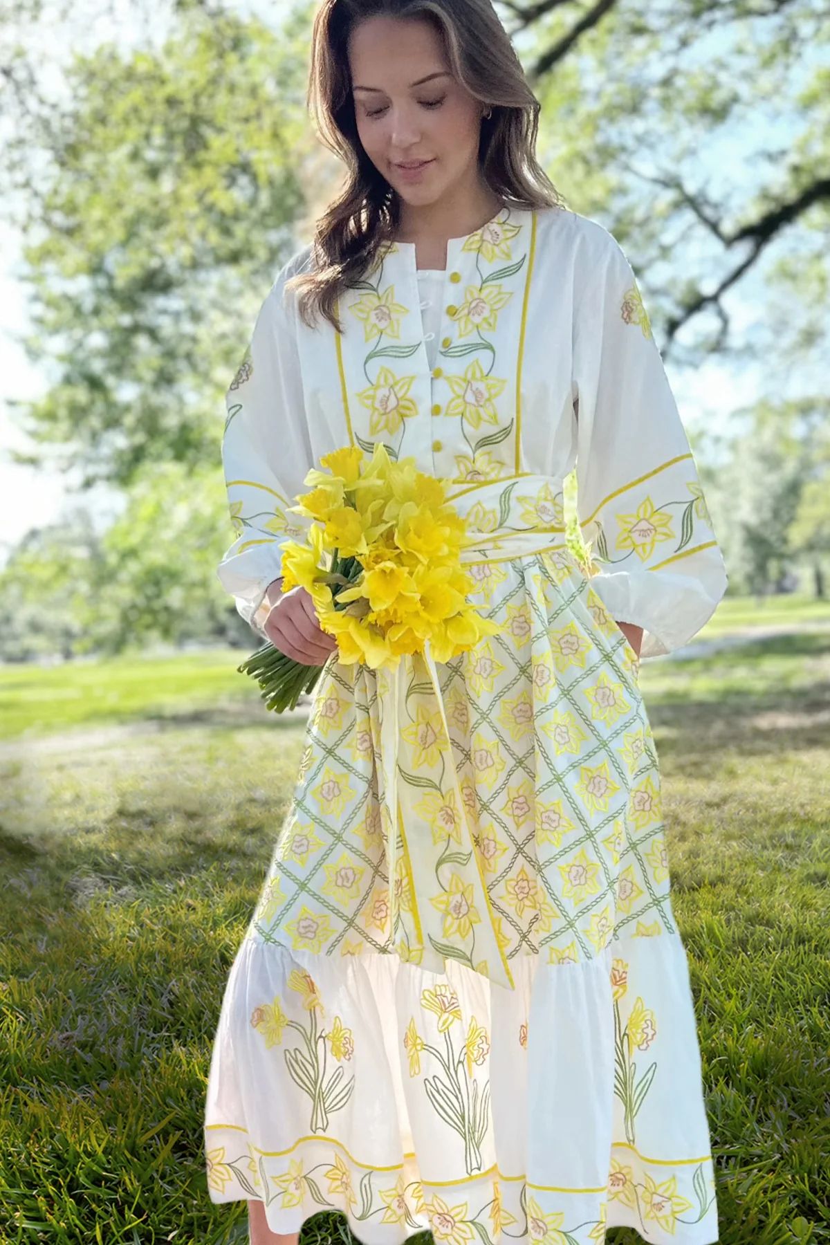 Jewel Neck Sue Sartor Flounce™️ | White Multi Embroidered Daffodil | SUE SARTOR