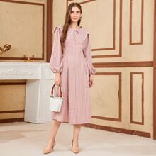 Guipure Lace Tape Lantern Sleeve Plaid Dress | SHEIN