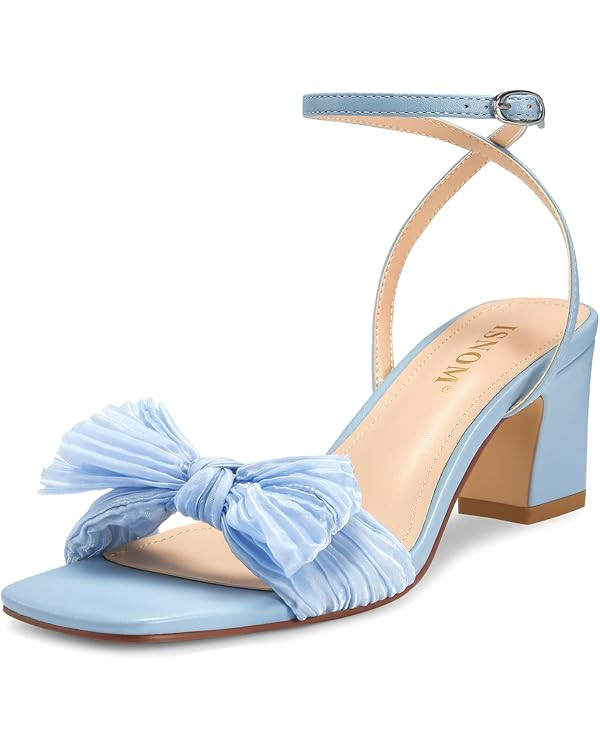 ISNOM Women's Bow Knot Heeled Sandals Ankle Buckle Strap Open Toe Block Chunky Heels Bride Weddin... | Amazon (US)