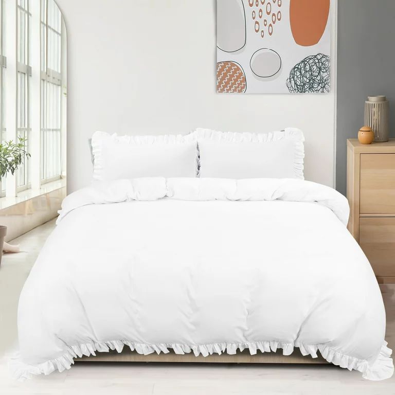PiccoCasa 3 Pieces Soft Ruffled Brushed Adult Duvet Cover Sets 110GSM White Queen | Walmart (US)