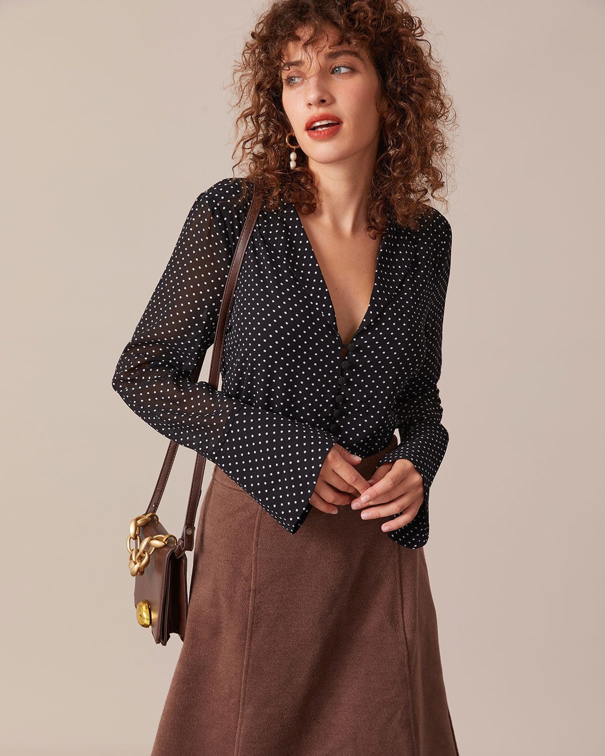 The Black V Neck Polka Dot Button Blouse & Reviews - Black - Tops | RIHOAS | rihoas.com