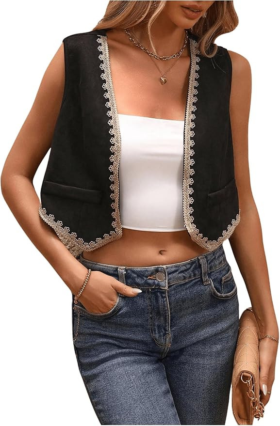 GORGLITTER Women's Embroidered Tape Vest Deep V Neck Sleeveless Hidden Pockets Front Vest Jackets | Amazon (US)