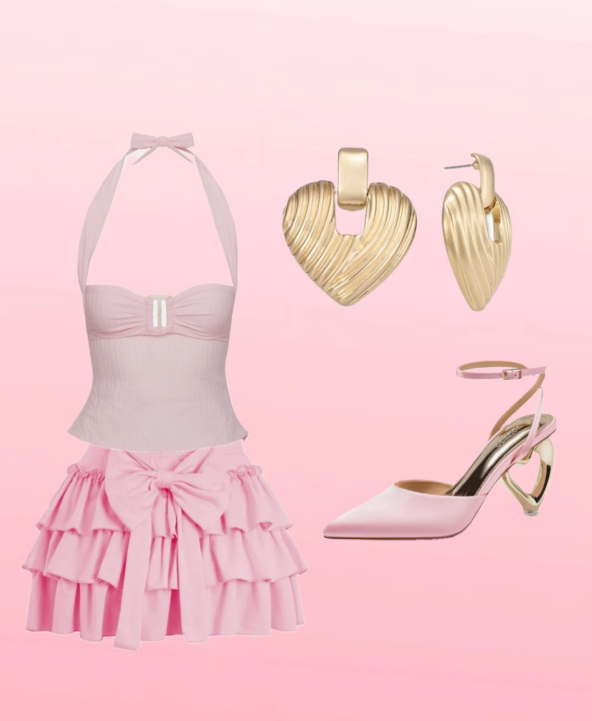 Women’s Valentine’s Day outfits, valentines date night ootd inspo, pink skirt, gold heart earrings, jewelry, pink heels, halter top,
Cute girly outfit, feminine ootd

#LTKMostLoved #LTKGiftGuide #LTKShoeCrush