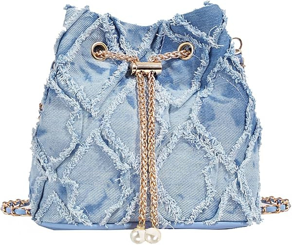 Denim Bucket Bag Quilted Drawstring Shoulder Handbag Jean Crossbody Purses Hobo Handbag with Chai... | Amazon (US)