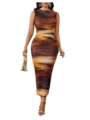 Milumia Women's Printed Mock Neck Bodycon Maxi Dress Sleeveless Mesh Long Dress Party Cocktail Yellow and Brown Medium | Amazon (US)