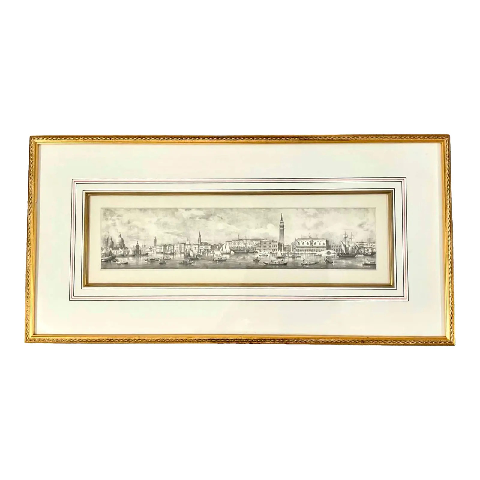1980s Panorama Venetian Riverfront Print in Gilded Wood Frame | Chairish