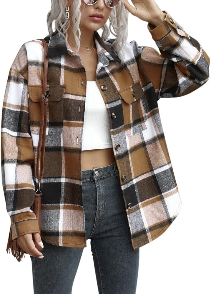 Women's Button Down Fannel Plaid Jacket Long Sleeve Shirt Blouse Coat Shacket | Amazon (US)
