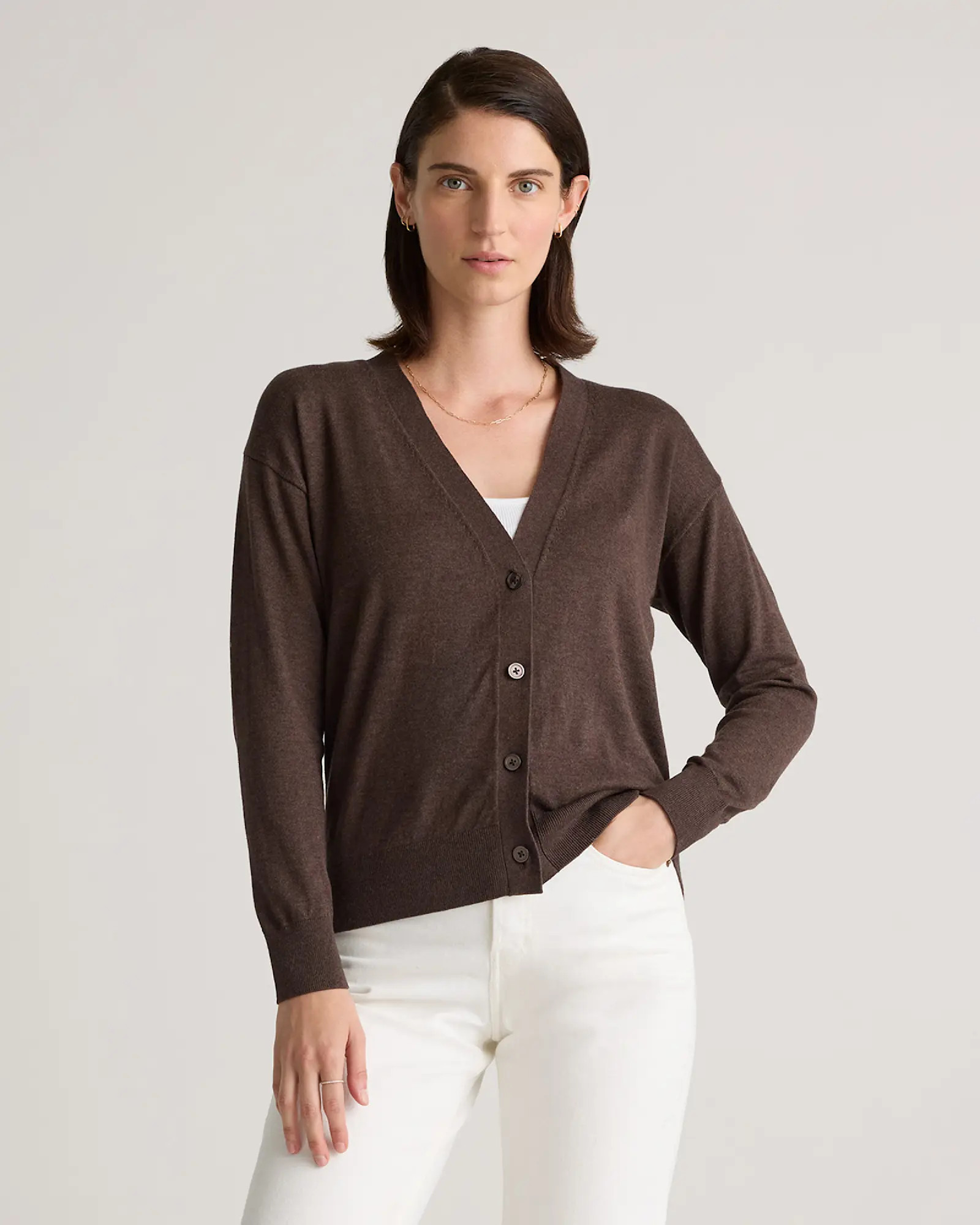 Lightweight Cotton Cashmere Cardigan in Mocha Heather | Quince