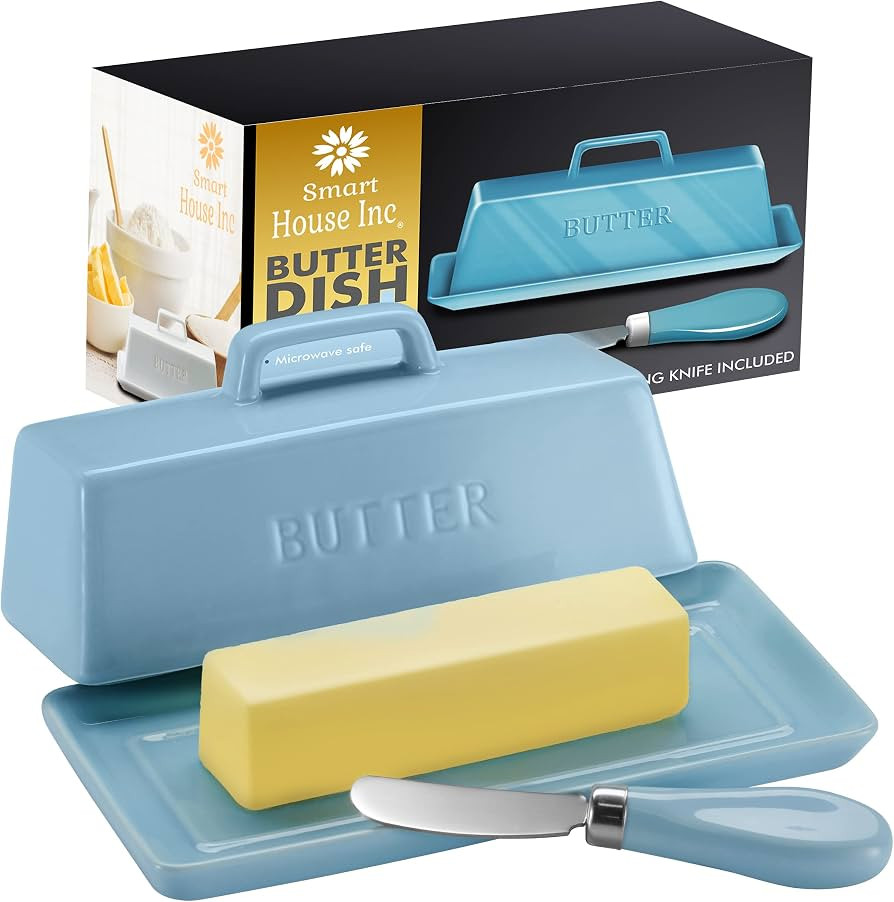 Ceramic Butter Dish Set with Lid and Knife -Turquoise- Decorative Butter Stick Holder with Handle... | Amazon (US)