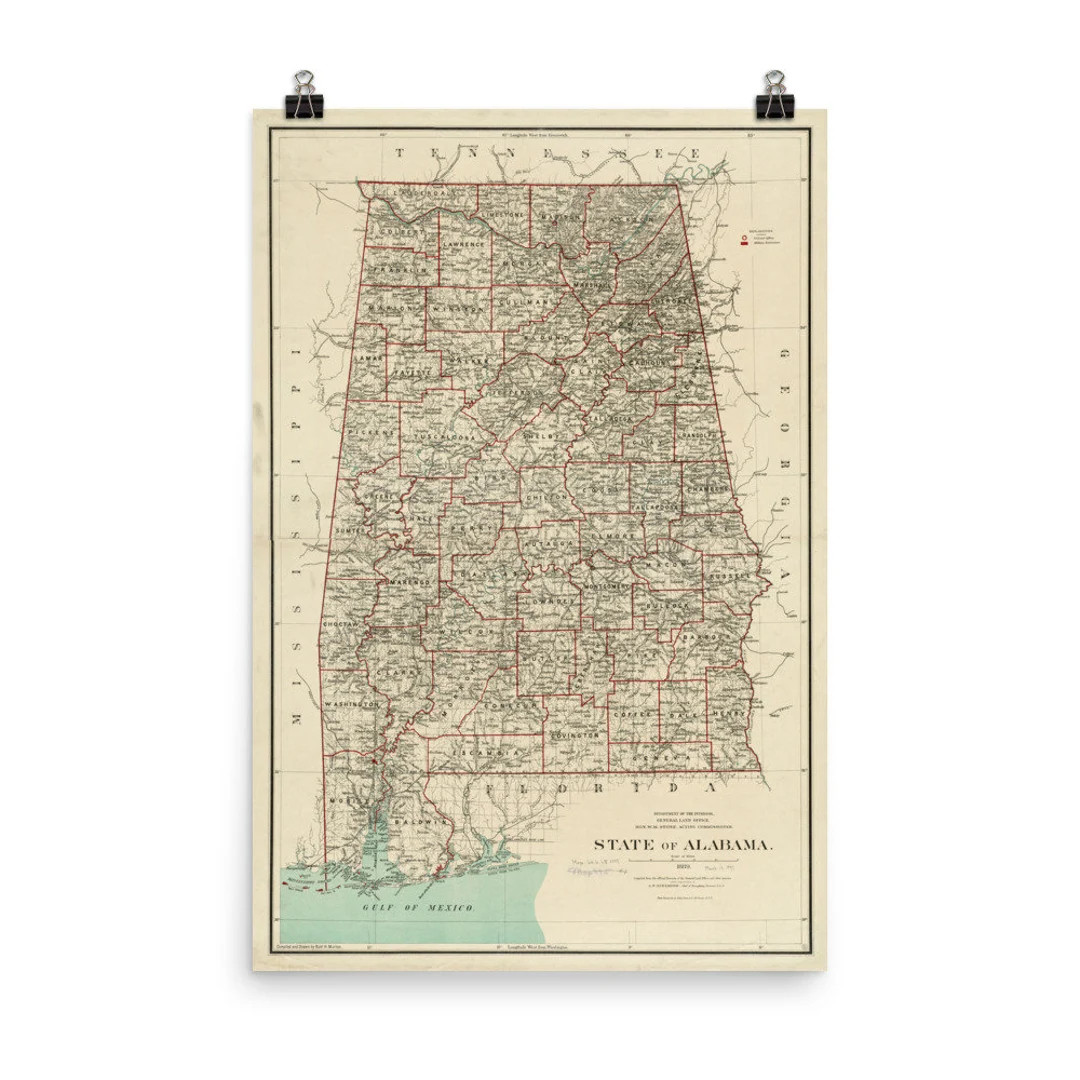 Old Alabama Map 1889 the Cotton State Vintage Atlas Poster - Etsy | Etsy (US)