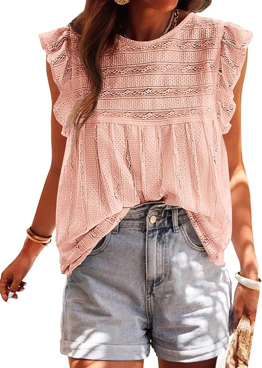 PRETTYGARDEN Women's Summer Cute Tank Top Crewneck Ruffle Sleeveless Hollow Out Eyelet Lace Sprin... | Amazon (US)