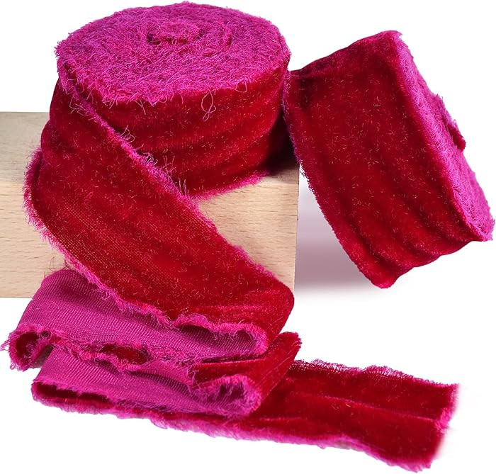 2 Rolls Hot Pink Velvet Ribbon 1 1/2 Inch Handmade Fringe Frayed Silk Velvet Ribbon Raw Edge Silk... | Amazon (US)