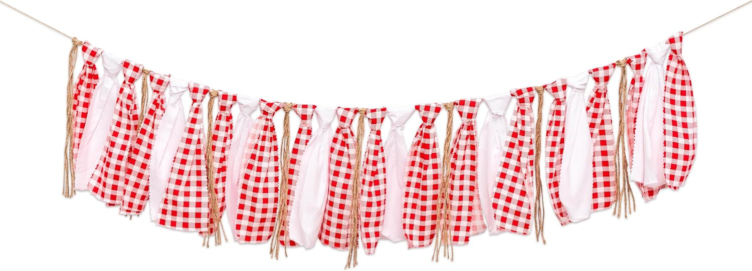 Red White Gingham Fabric Garland Banner BBQ Picnic Pizza Banner | Amazon (US)