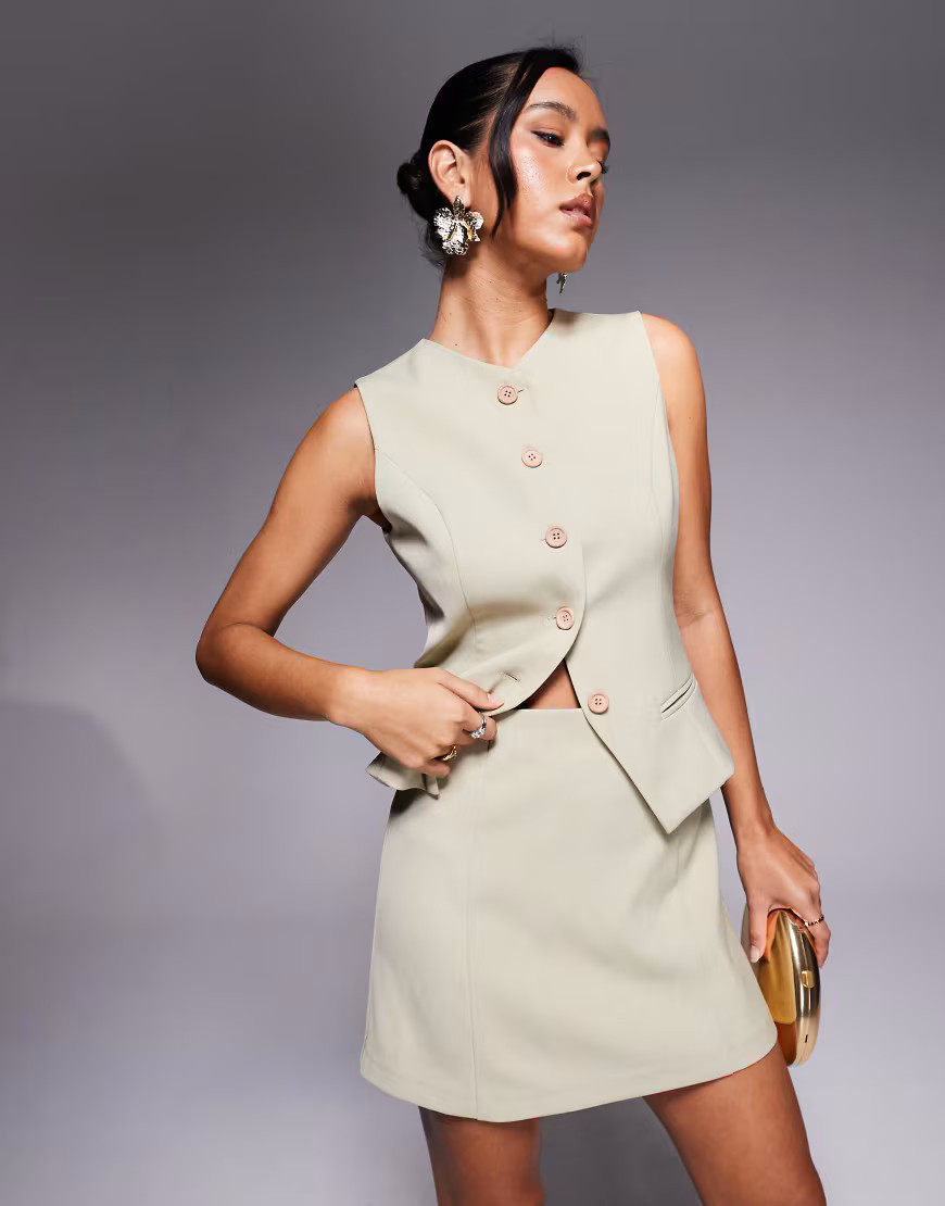 Rare London tailored high neck waistcoat detail mini dress in olive-Green | ASOS (Global)