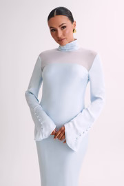 Patricia High Neck Satin Midi Dress - Powder Blue | MESHKI US