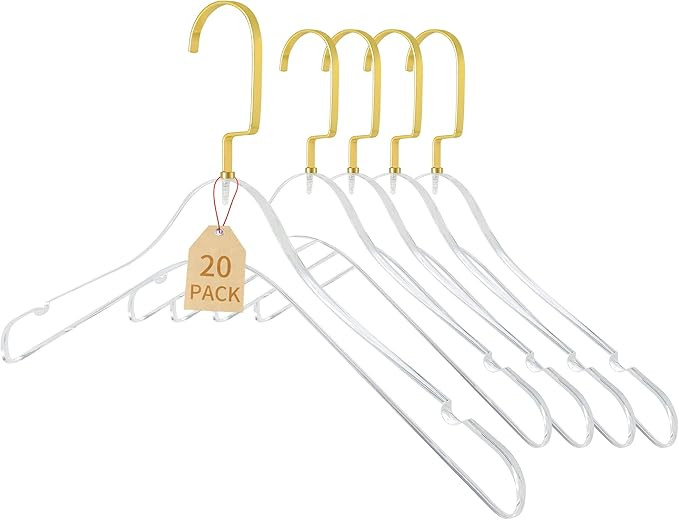 Gold Acrylic Hangers 20 Pack Crystal Clear Clothes Hangers Clothing Standard Hangers with Gold Ho... | Amazon (US)