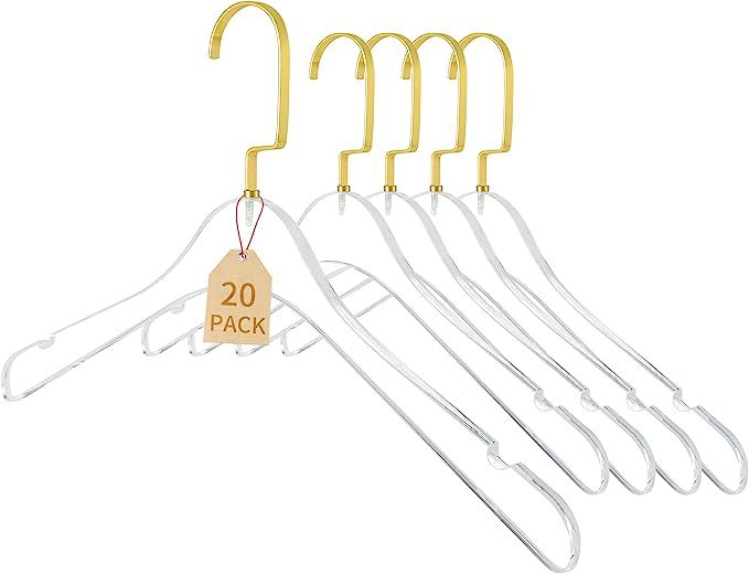 Gold Acrylic Hangers 20 Pack Crystal Clear Clothes Hangers Clothing Standard Hangers with Gold Ho... | Amazon (US)
