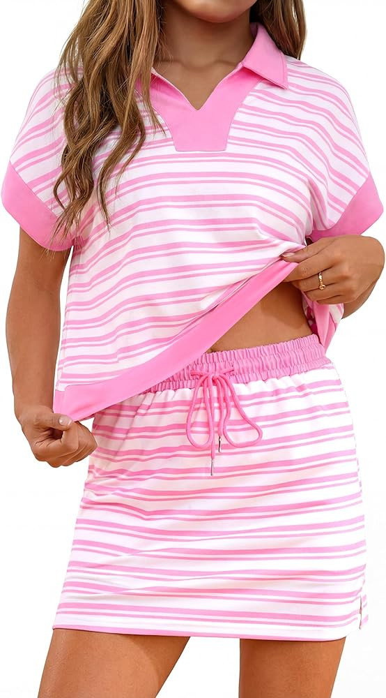 Totatuit Womens Striped 2 Piece Outfits Skirt Set Summer Casual Short Sleeve Polo Skort Workout S... | Amazon (US)