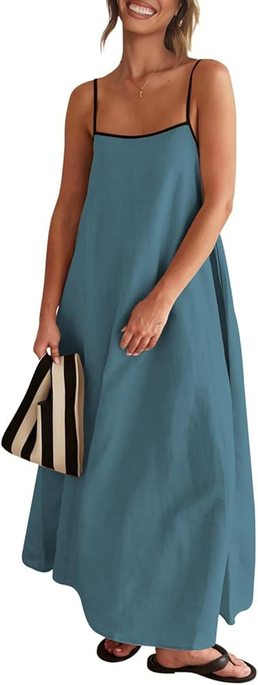 Senllen Women's Linen Dress Summer Loose Flowy Sundress Contrast Spaghetti Strap Sleeveless Backl... | Amazon (US)