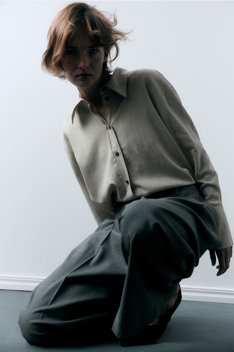 Oversized Linen-blend Shirt - Light beige - Ladies | H&M US | H&M (US + CA)
