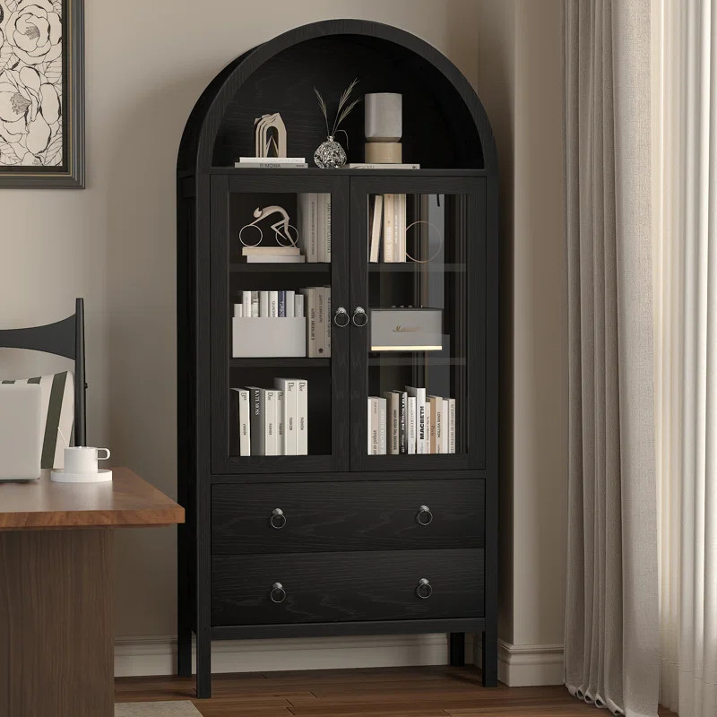 70.87''H Arched Alaurah Storage Bookcase Cabinet with Adjustable Shelves and 2 Drawers | Wayfair North America