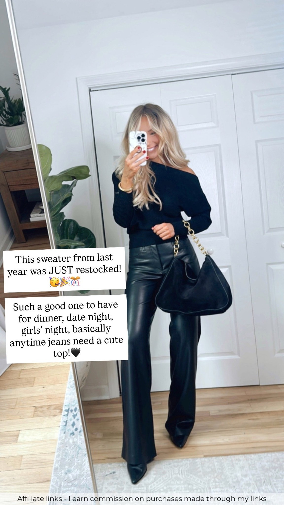 Affiliate links - I earn commission on purchases made through my links

Black off the shoulder sweater
Date night outfit
GNO 
Casual dinner outfits