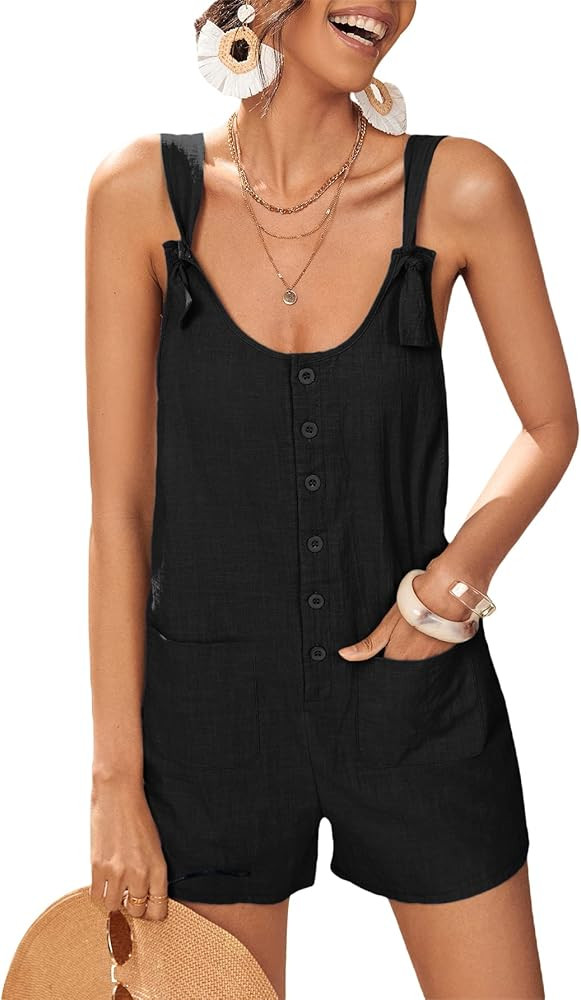 Verdusa Women's Button Front Tie Knot Overalls Short Romper Jumpsuit with Pocket | Amazon (US)