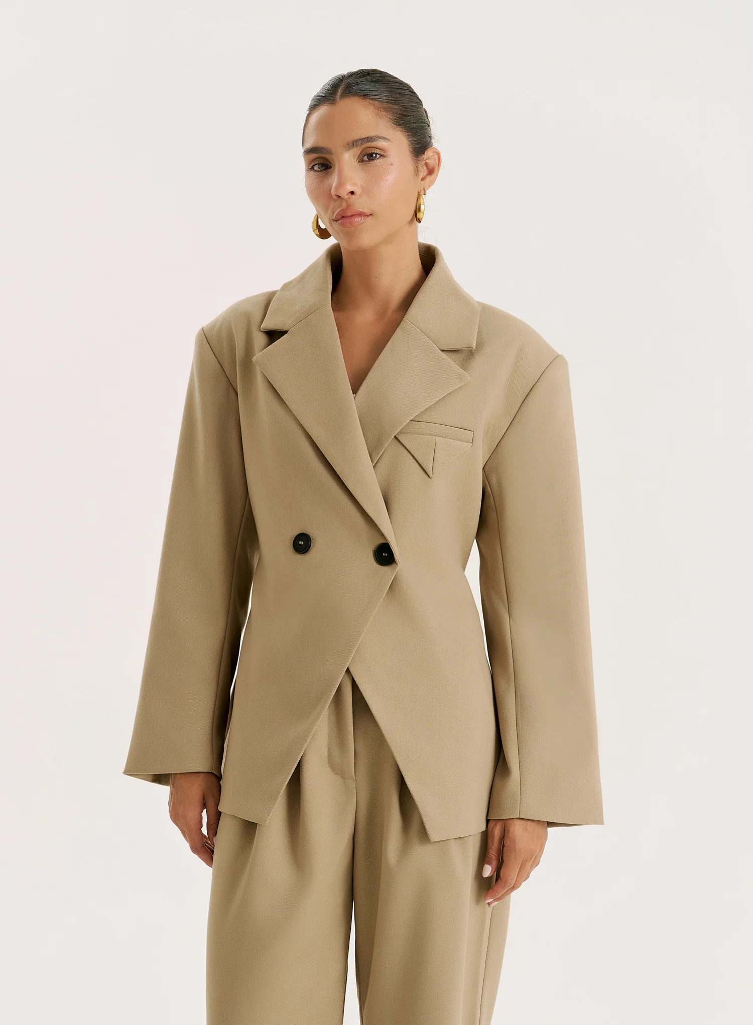 Camel Cinched Waist Tailored Blazer- Reese | 4th & Reckless