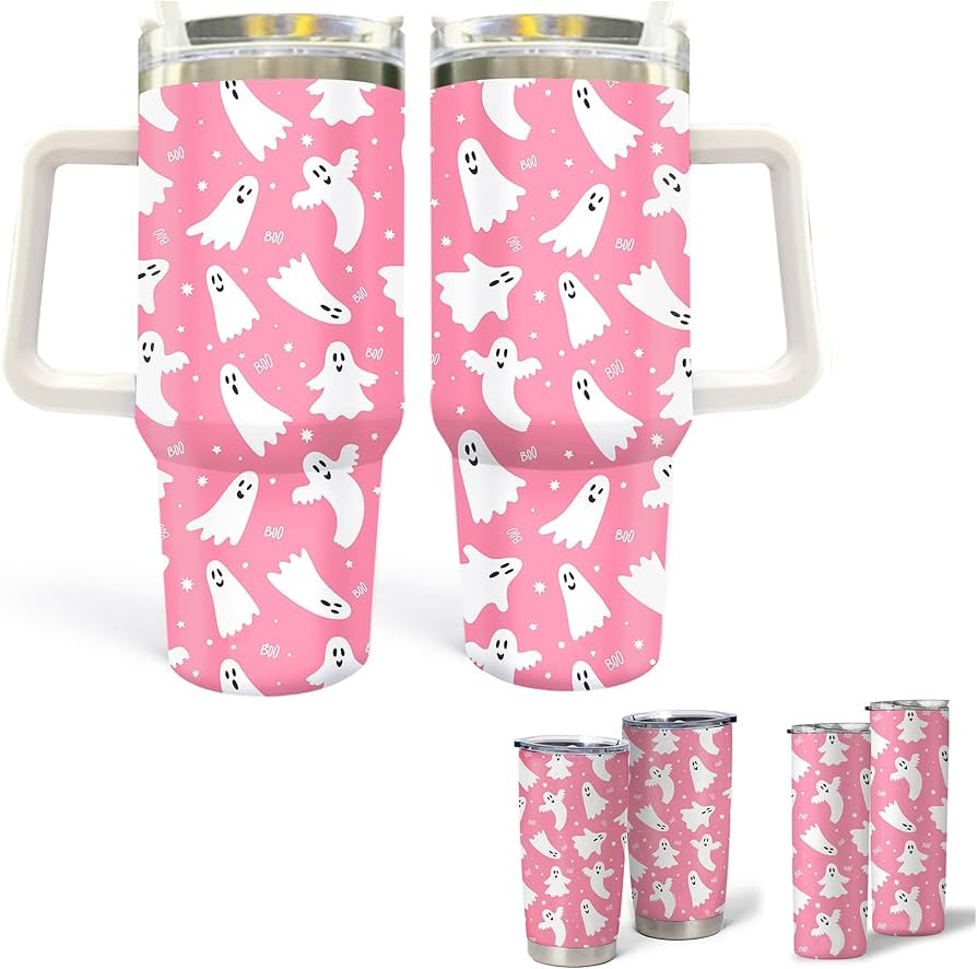 Pink Ghost Tumbler, 40 oz Tumbler with Handle and Straw, Halloween Tumblers, Spooky Tumbler, Ghos... | Amazon (US)