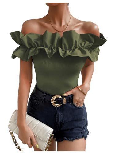 OYOANGLE Women's Ruffle Trim Off Shoulder Short Sleeve Blouse Party Tops Shirt | Amazon (US)