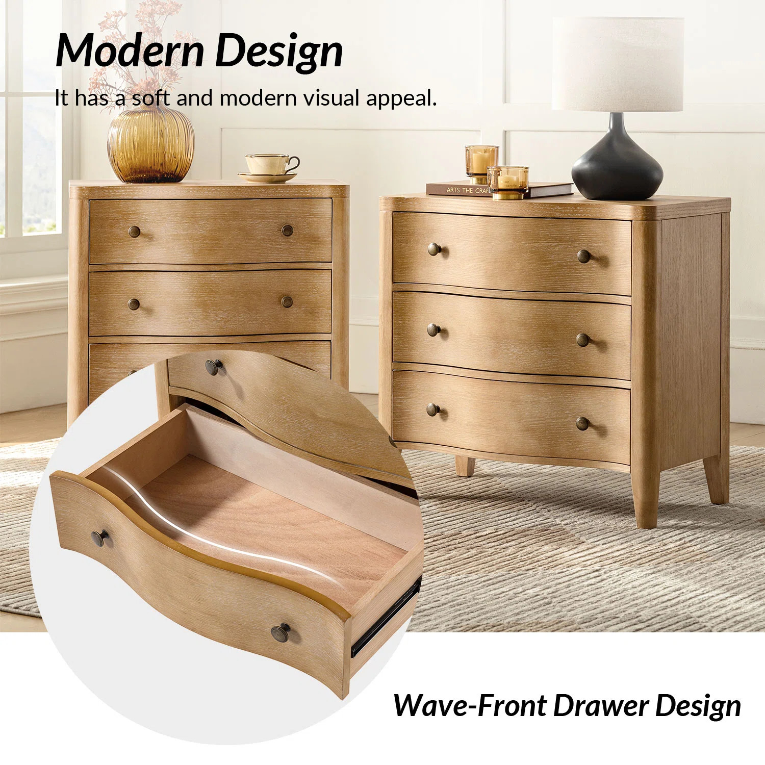 Arelys Modern 27''W 3-Drawers Curves End Table with Built-In Charging Station | Wayfair North America